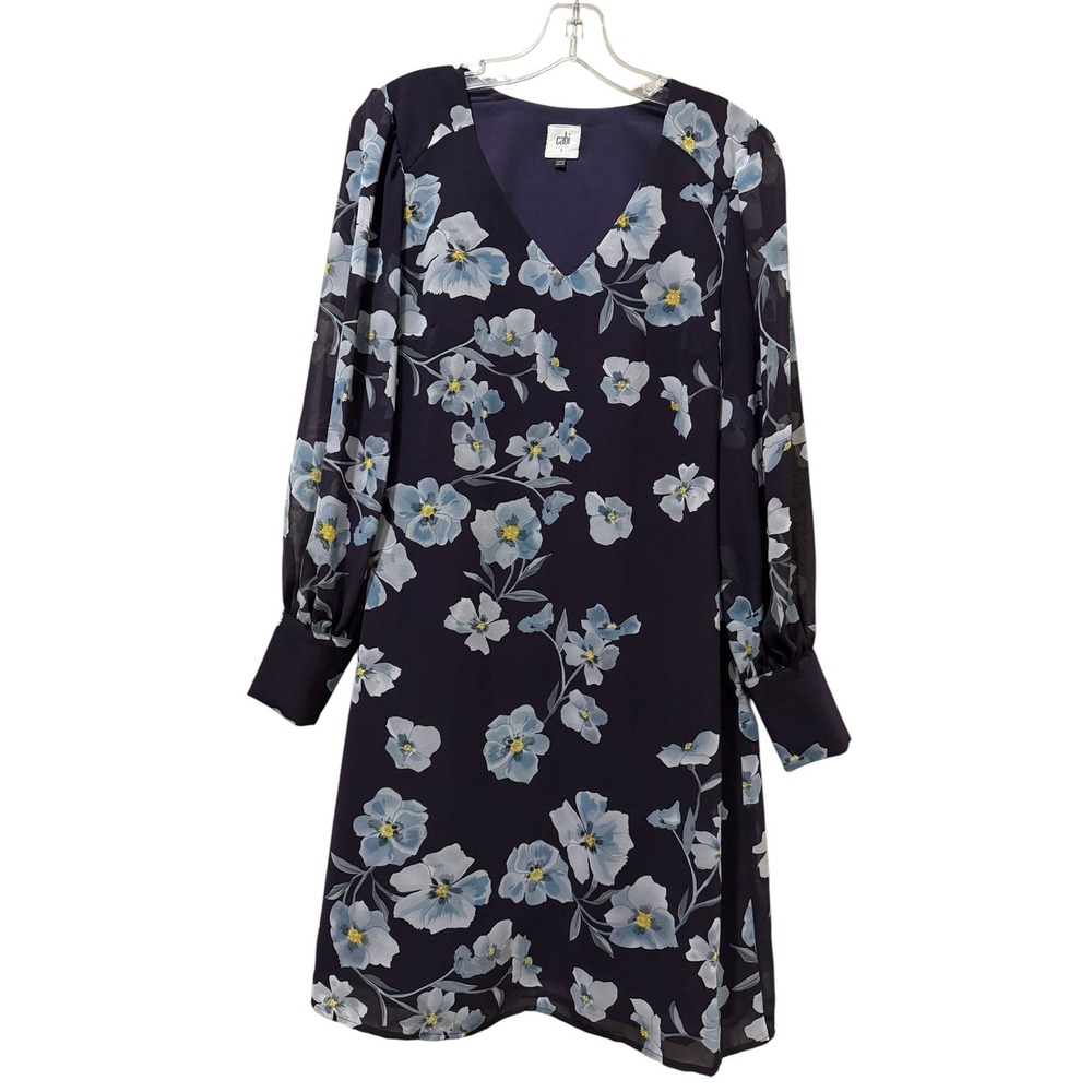 Cabi Small Ellery 4018 Purple Blue Floral V-Neck Sheer Long Sleeve Shift Dress